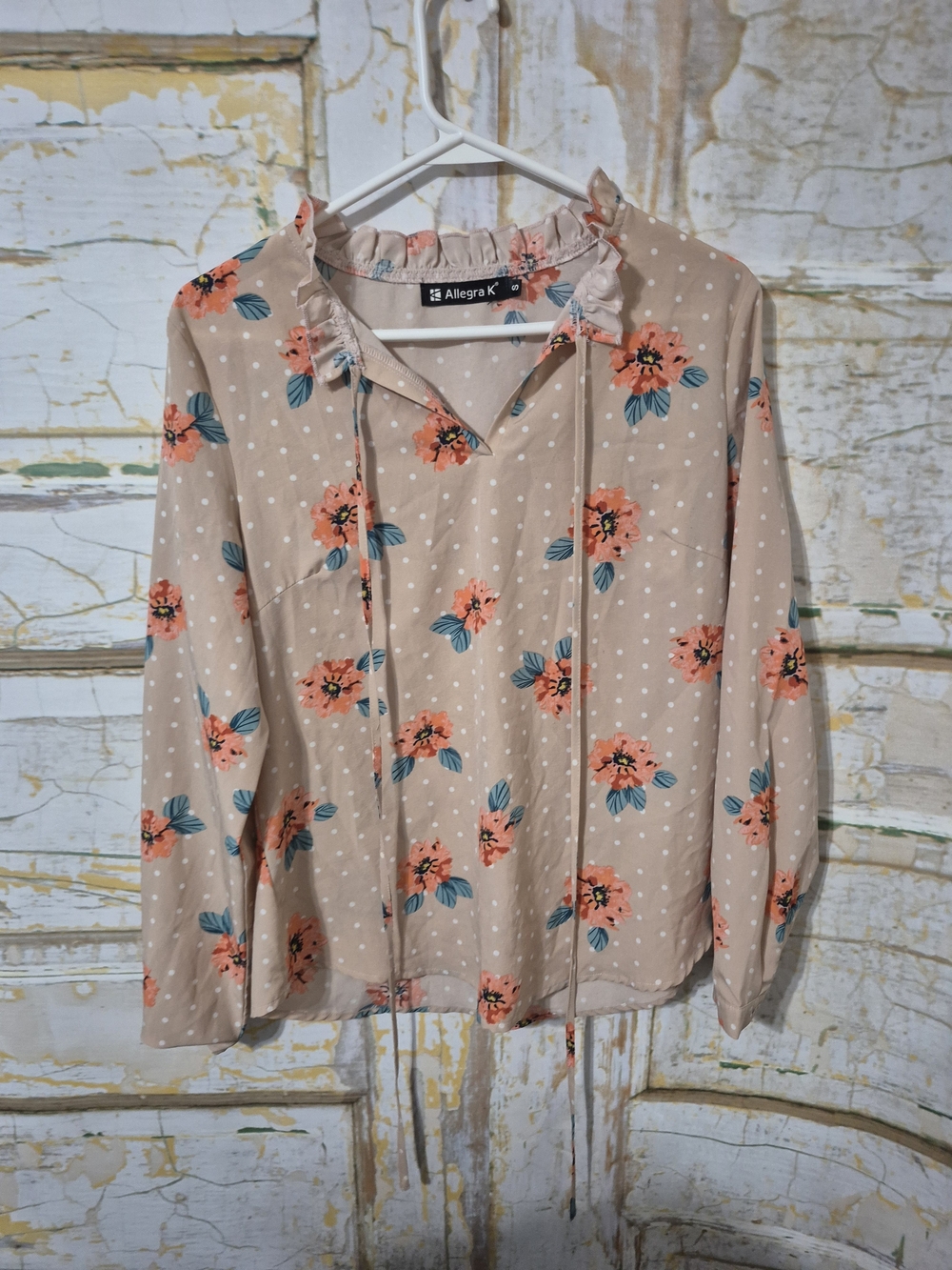 Allegra K Pink Floral Tie-Neck Blouse